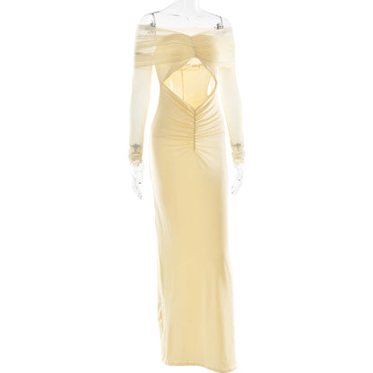 JULISSA MO Sexy Off Shoulder Hollow Out Women Maxi Dress Yellow Long Sleeve Ruched Dress Summer Slim Elegant Party Evening Dress