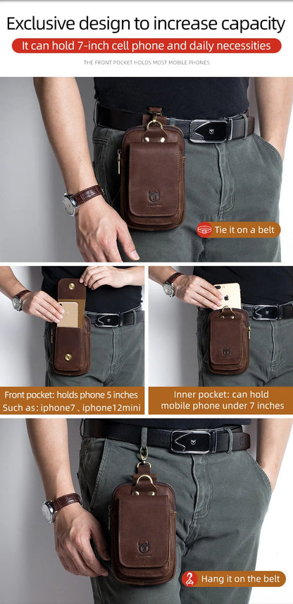BULLCAPTAIN Fashion Quality Leather Small Summer Pouch Hook Design Waist Pack Bag Cigarette Case 6" Phone Pouch Waist Belt Bag