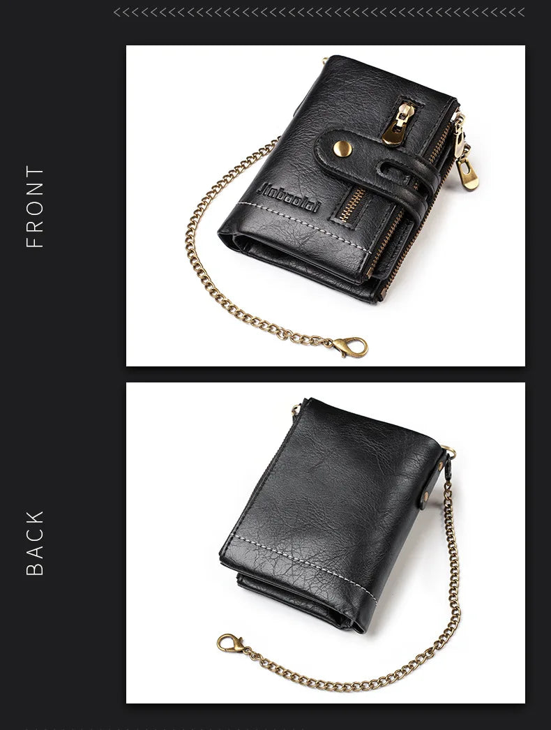 JINBAOLAI New Men's Wallet Chain Retro Double Zipper Coin Pocket Male Wallet Money Clips Multi Card Wallet For Men