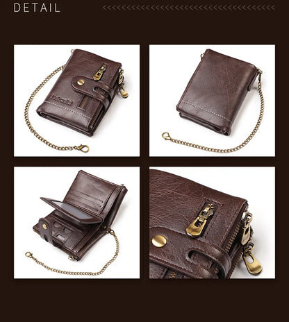 JINBAOLAI New Men's Wallet Chain Retro Double Zipper Coin Pocket Male Wallet Money Clips Multi Card Wallet For Men