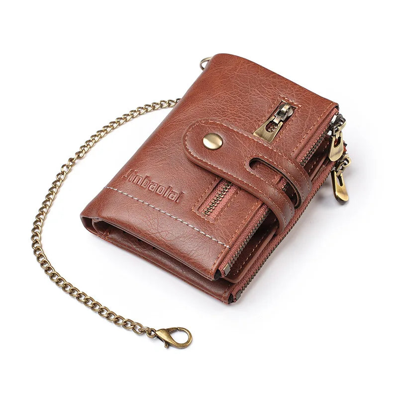 JINBAOLAI New Men's Wallet Chain Retro Double Zipper Coin Pocket Male Wallet Money Clips Multi Card Wallet For Men