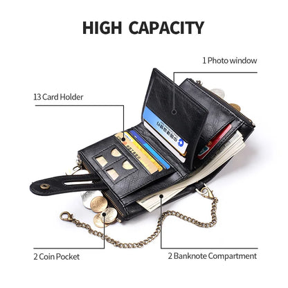 JINBAOLAI New Men's Wallet Chain Retro Double Zipper Coin Pocket Male Wallet Money Clips Multi Card Wallet For Men