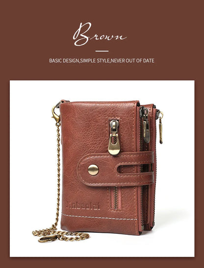 JINBAOLAI New Men's Wallet Chain Retro Double Zipper Coin Pocket Male Wallet Money Clips Multi Card Wallet For Men