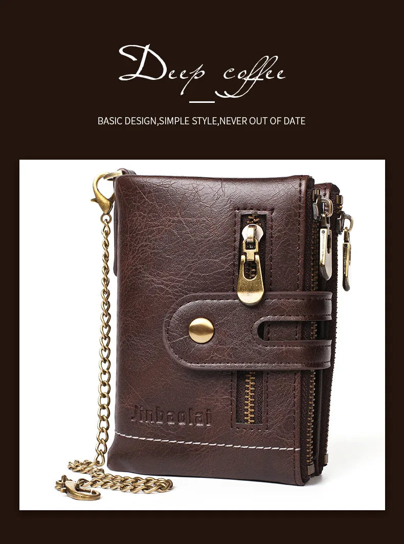 JINBAOLAI New Men's Wallet Chain Retro Double Zipper Coin Pocket Male Wallet Money Clips Multi Card Wallet For Men