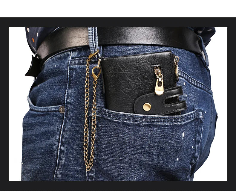 JINBAOLAI New Men's Wallet Chain Retro Double Zipper Coin Pocket Male Wallet Money Clips Multi Card Wallet For Men