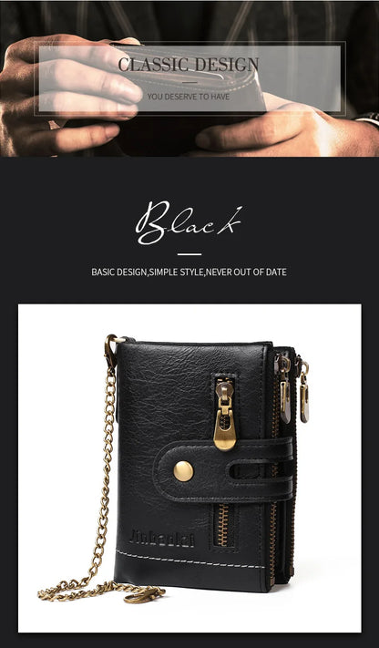 JINBAOLAI New Men's Wallet Chain Retro Double Zipper Coin Pocket Male Wallet Money Clips Multi Card Wallet For Men
