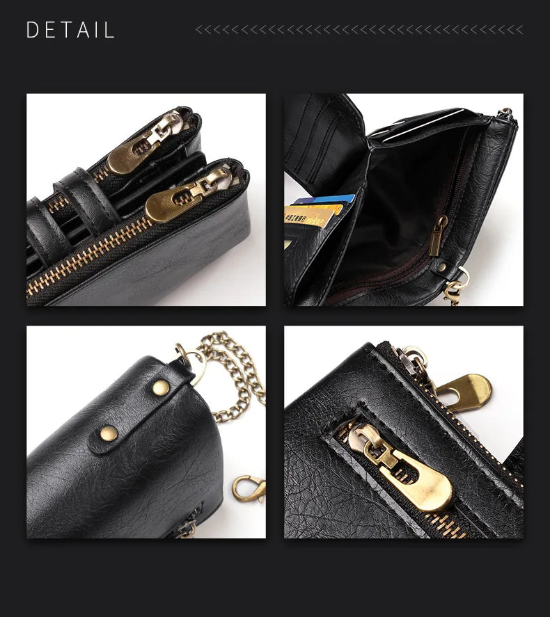 JINBAOLAI New Men's Wallet Chain Retro Double Zipper Coin Pocket Male Wallet Money Clips Multi Card Wallet For Men