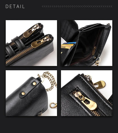JINBAOLAI New Men's Wallet Chain Retro Double Zipper Coin Pocket Male Wallet Money Clips Multi Card Wallet For Men