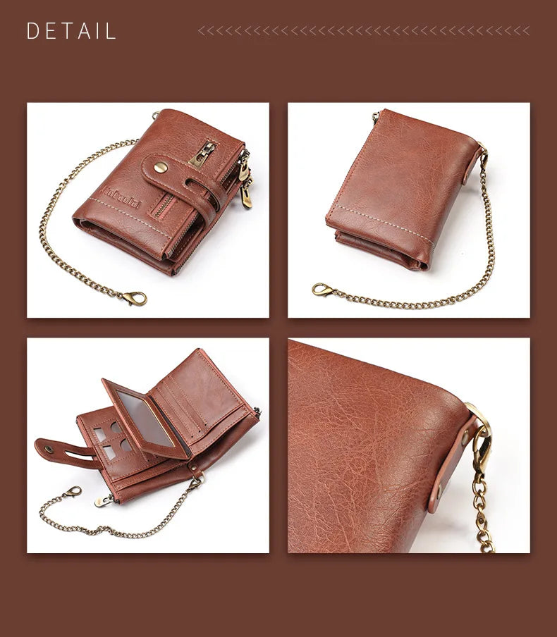 JINBAOLAI New Men's Wallet Chain Retro Double Zipper Coin Pocket Male Wallet Money Clips Multi Card Wallet For Men