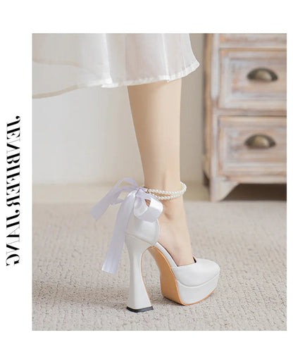 2025 Summer High Heels Womens Sandals Fashion Super High Heels Sandals Bow One Word Buckle Square Head Coarse Heels Ladies Shoes