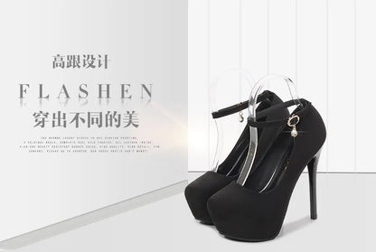 Women's One-button Round Toe High Heels Women's Stiletto High Waterproof Platform Suede Single Shoes