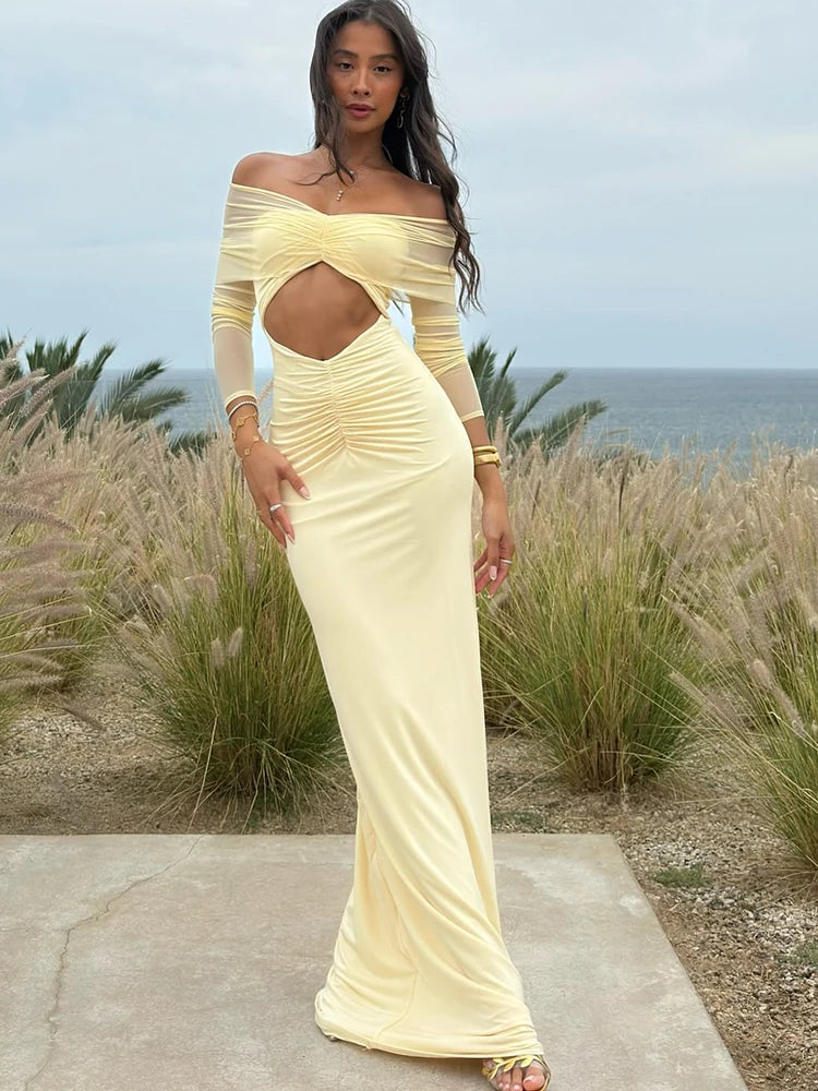 JULISSA MO Sexy Off Shoulder Hollow Out Women Maxi Dress Yellow Long Sleeve Ruched Dress Summer Slim Elegant Party Evening Dress