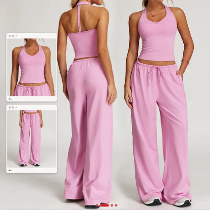 Yoga yellow gym Set 2 Pieces Women Clothes Workout Outfits Fitness Sportswear Wide leg straight pants Tracksuit Sports Tank suit