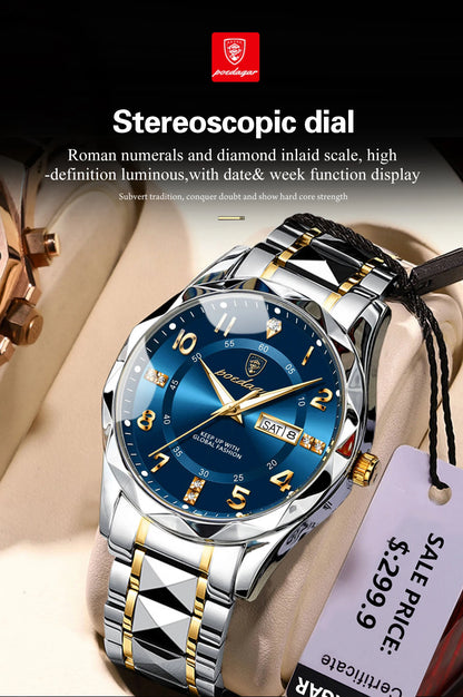 POEDAGAR Luxury Business Men's Wristwatch Stainless Steel Date Week Man Watch Waterproof Luminous Fashion Quartz Watches For Men