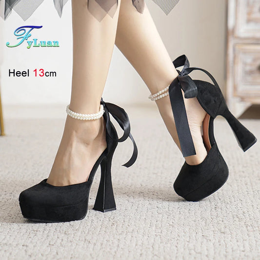 2025 Summer High Heels Womens Sandals Fashion Super High Heels Sandals Bow One Word Buckle Square Head Coarse Heels Ladies Shoes
