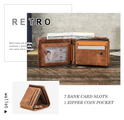 CONTACT'S Genuine Crazy Horse Leather Men Wallets Vintage Trifold Wallet Zip Coin Pocket Purse Cowhide Leather Wallet For Mens