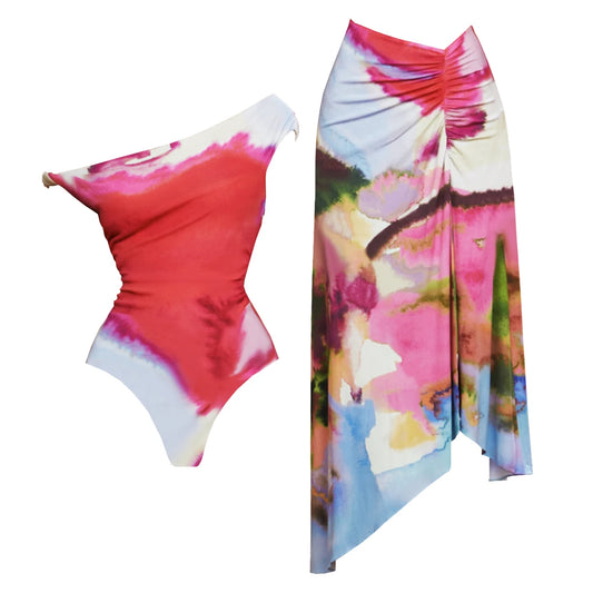 2Pcs Swimsuit with Long Skirt Sexy Women Bikini Beachwear