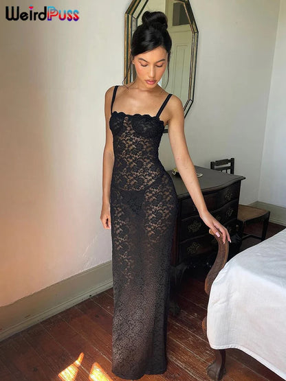 Lace See Through Black Women Maxi Dress