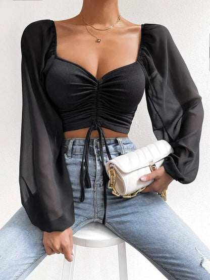 Ladies Summer Casual Drawstring Crop Tops Tee