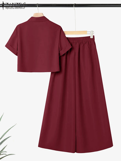 ZANZEA Plus Size 5XL Women Pant Sets Summer Two-piece Outfits Fashion Short Sleeve Shirts and High Waist Wide Leg Pants Suits