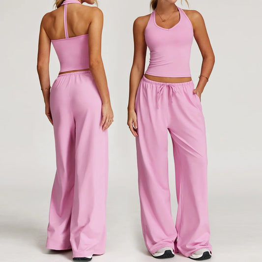 Yoga yellow gym Set 2 Pieces Women Clothes Workout Outfits Fitness Sportswear Wide leg straight pants Tracksuit Sports Tank suit