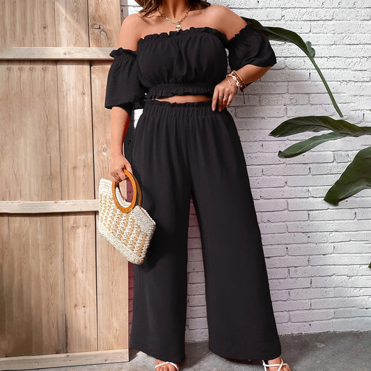 Women’s 2 Piece Black Outfits Sexy Ladies Plus Size Off Shoulder Short Sleeve Crop Tops with Pants Plus Size Sets Streetwear