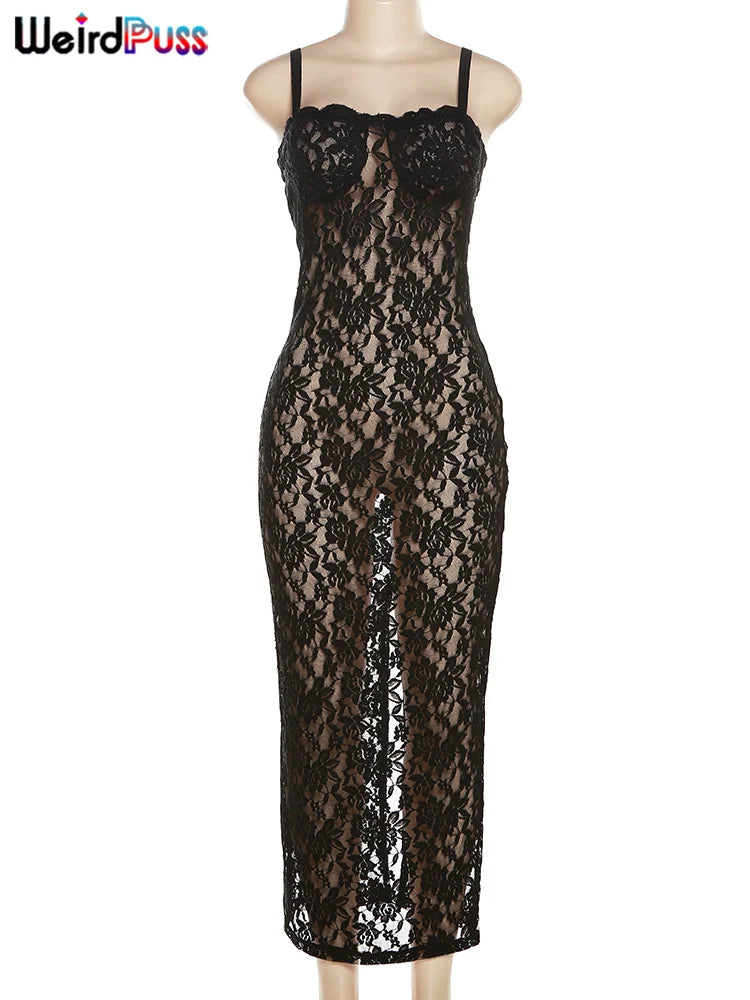 Lace See Through Black Women Maxi Dress
