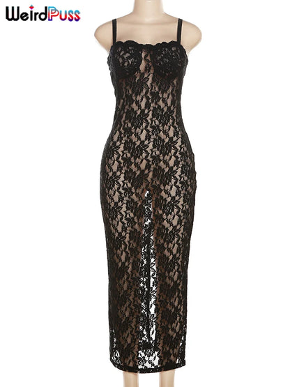 Lace See Through Black Women Maxi Dress
