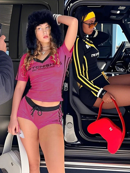 Sisterlinda Casual Summer 2 Piece Set Letter Print Crew Neck Short Sleeve T-shirts+Drawstring Slim Mini Bottoms Female Tracksuit