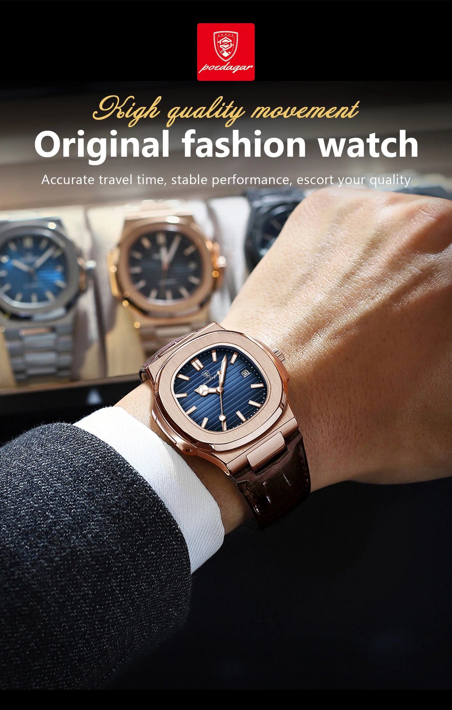 POEDAGAR Top Luxury Square Man Watch Date Waterproof Luminous Quartz Men Watches High Quality Fashion Sports Leather Men's Watch