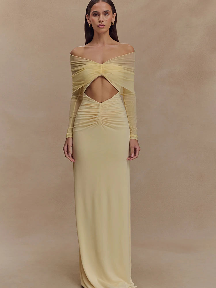 JULISSA MO Sexy Off Shoulder Hollow Out Women Maxi Dress Yellow Long Sleeve Ruched Dress Summer Slim Elegant Party Evening Dress