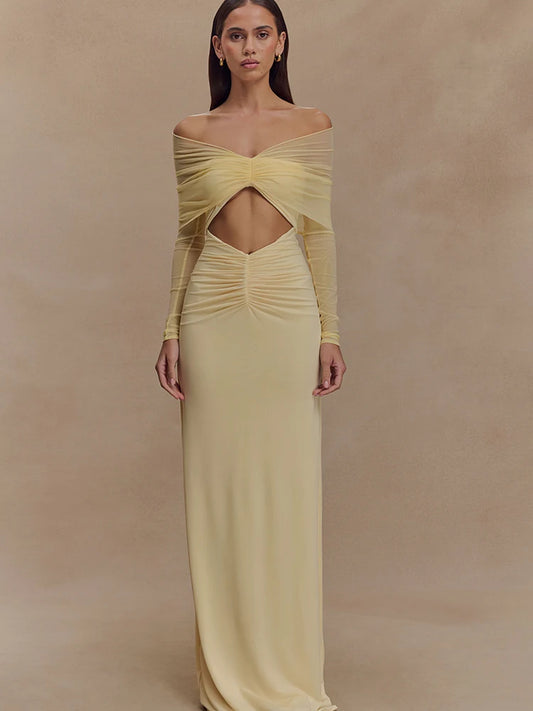 JULISSA MO Sexy Off Shoulder Hollow Out Women Maxi Dress Yellow Long Sleeve Ruched Dress Summer Slim Elegant Party Evening Dress