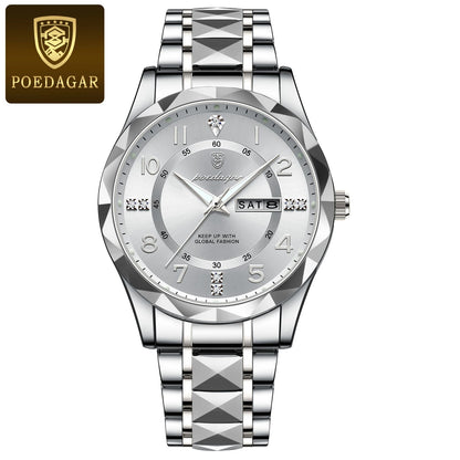 POEDAGAR Luxury Business Men's Wristwatch Stainless Steel Date Week Man Watch Waterproof Luminous Fashion Quartz Watches For Men