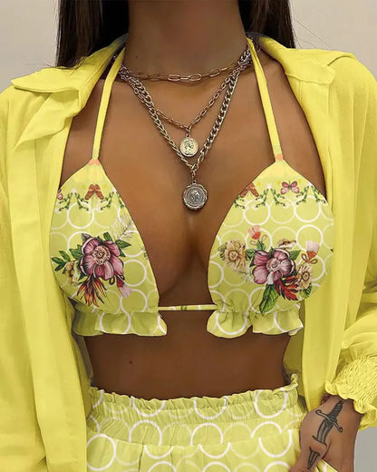 Three Pieces Swimwear Sexy Beachwear High Waist Bikini Set Print Women's Swimsuit