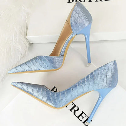 Women 11cm High Heels Retro Green Blue Fashion Catwalk Pumps Lady Silk Satin Heels Stone Pattern Design Shoes Plus Size 34-43