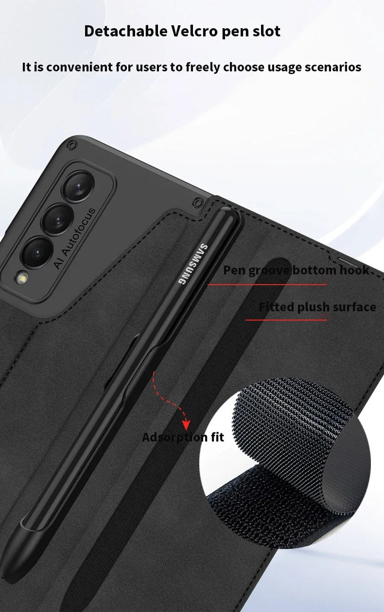 Card Slot Flip Wallet Leather Z Fold5 Fold6 Case For Samsung Galaxy Z Fold 6 5 4 3 5G With Removable S Pen Slot Holder Cover