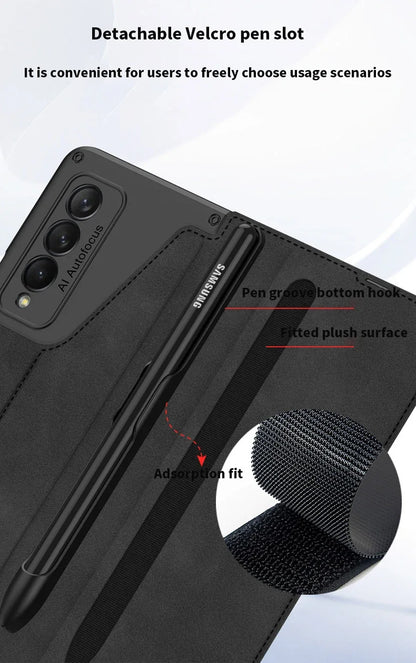 Card Slot Flip Wallet Leather Z Fold5 Fold6 Case For Samsung Galaxy Z Fold 6 5 4 3 5G With Removable S Pen Slot Holder Cover