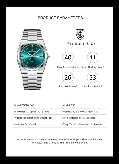 POEDAGAR Luxury Sport Quartz Man Wristwatch Waterproof Luminous Date Week Men Watches Stainless Steel Men's Watch Male Reloj+box