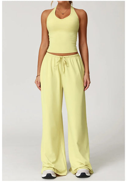 Yoga yellow gym Set 2 Pieces Women Clothes Workout Outfits Fitness Sportswear Wide leg straight pants Tracksuit Sports Tank suit