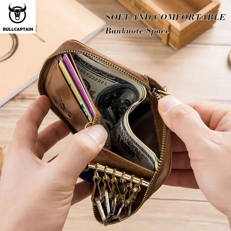 BULLCAPTAIN Genuine Leather Men's Key Card Bag High-quality Multi-function Key Box Car Key Chain Wallet Mini Card Bag Key Clip