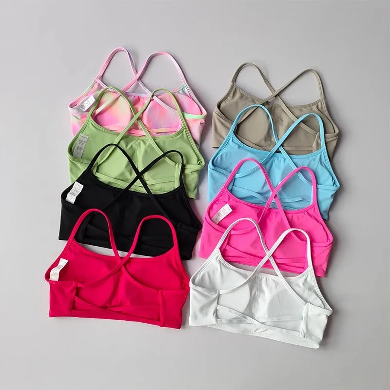 Women's Solid Color Fitness Bra Soft Cross Back Gym Sports Top with Chest Pad Push-Up Yoga Vest Sport Bra Yoga Gym Crop Top