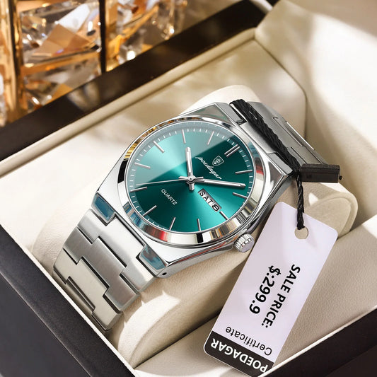 POEDAGAR Luxury Sport Quartz Man Wristwatch Waterproof Luminous Date Week Men Watches Stainless Steel Men's Watch Male Reloj+box