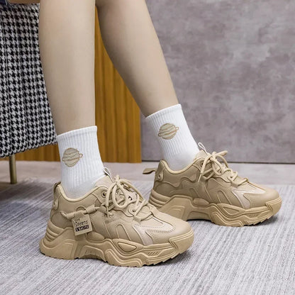 Women's Shoes Platform Autumn Leather 2023 New Versatile Black Casual Sneaker Solid Color Lace-up Vulcanize Shoes Tenis Feminino