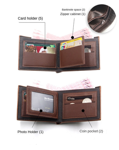 New Men's Wallet Short Cross Section Youth Tri-fold Wallet Stitching Business Multi-card Zipper Coin Purse Wallet Passport Cover