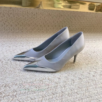 Pointy Toe High Heels Pumps Mirror Effect Leather Patchwork Matt Leather Slip On Classic Summer Office Lady Comfort Sandals