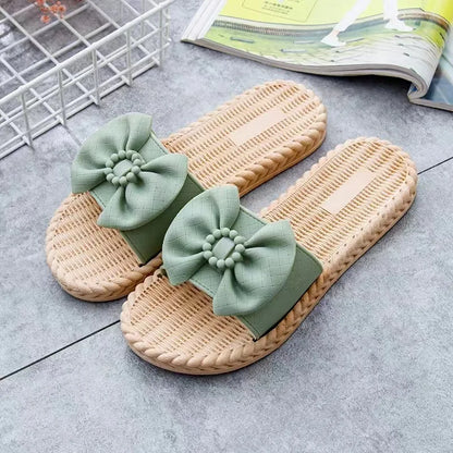 2024 Summer PVC Bow Women Sandals 3cm Thick Casual Shoes One line Elevated Flat Bottom Slippers