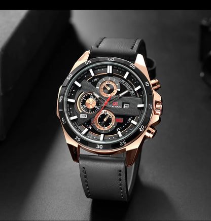 Black Leather Watch Top Brand Motorsport Series 46mm Large Military Style Quartz Movement Decorative Calendar Watch reloj hombre