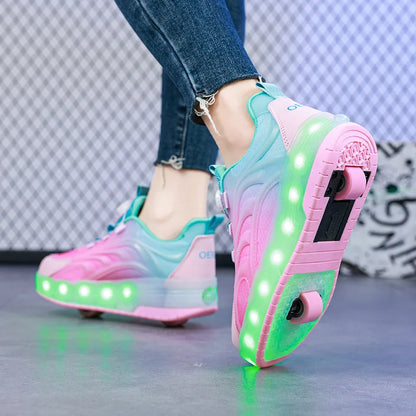 Kids Roller Skate Sneakers Glowing Sports Luminous Sneakers Skateboard USB Charging
