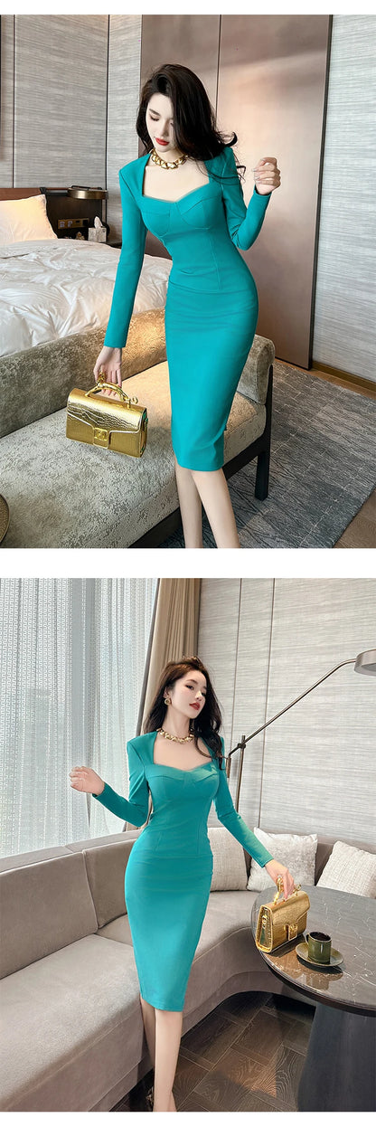 French Elegant Dress for Women High Quality Celebrity Long Sleeve Bodycon Robe Female Party Business OL Vestidos Banquet Clothes