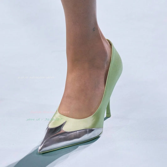 Pointy Toe High Heels Pumps Mirror Effect Leather Patchwork Matt Leather Slip On Classic Summer Office Lady Comfort Sandals